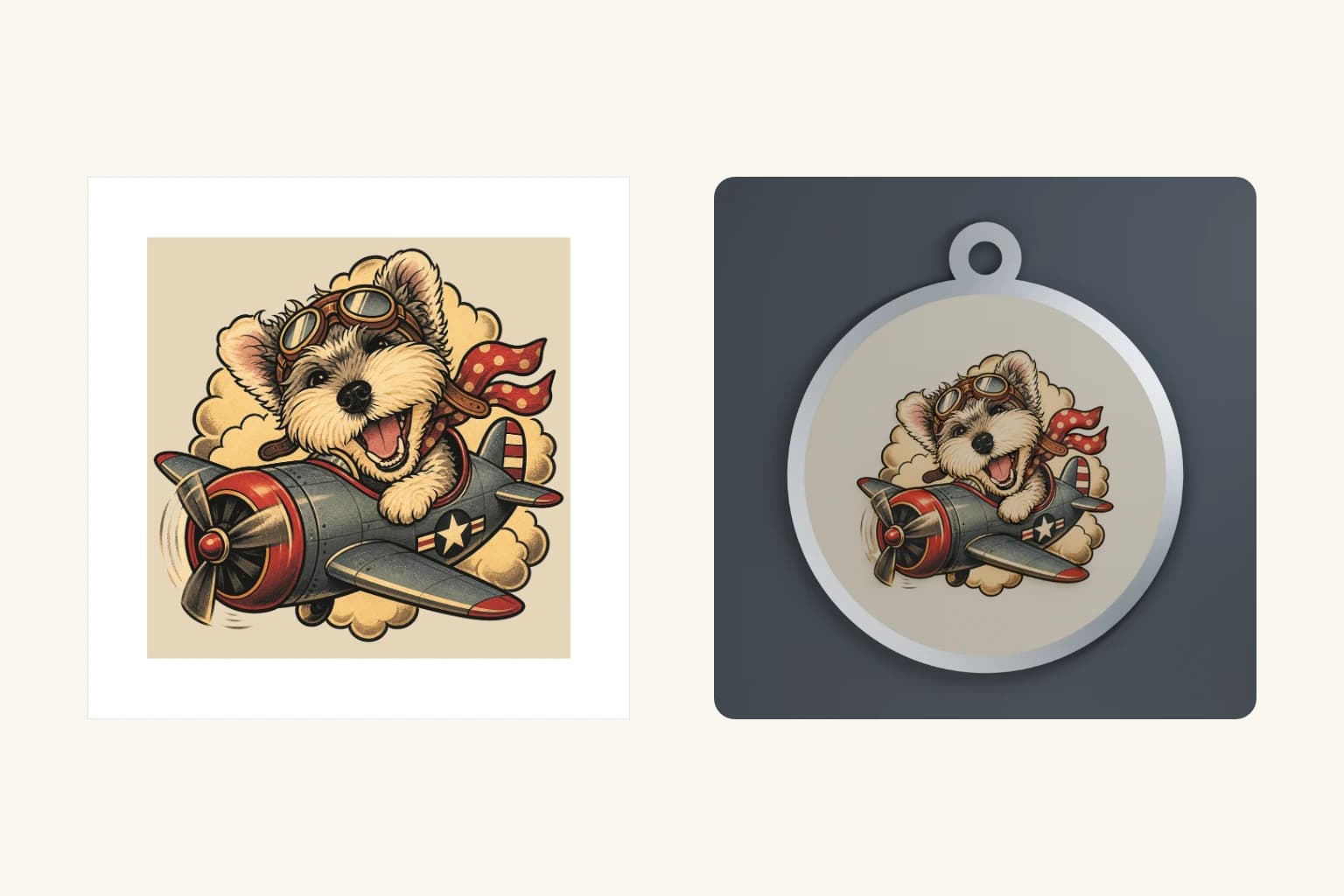 An aviator dog illustration in a square magnet layout beside the site's round Name Tag reference render.
