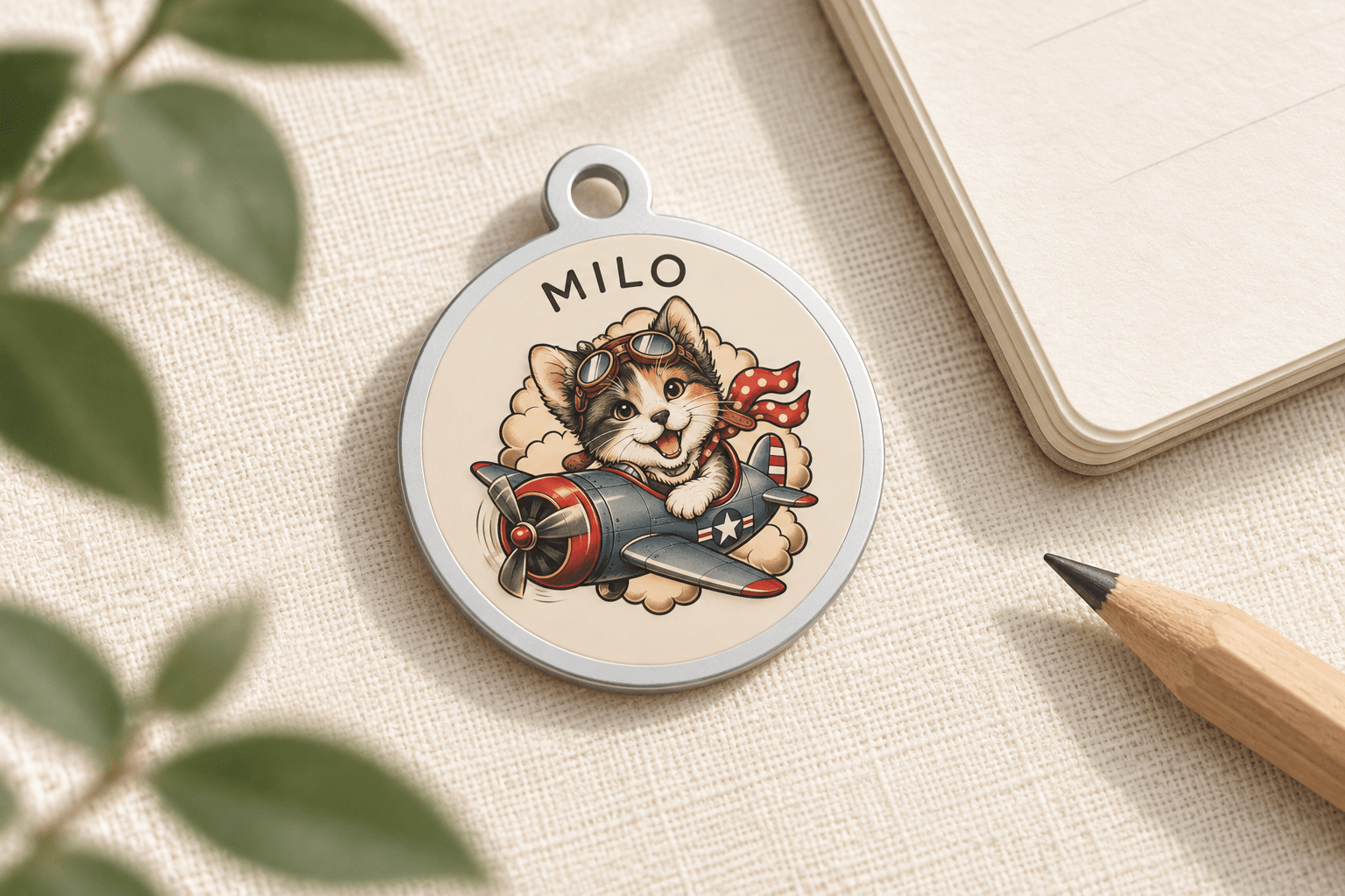 A round silver Pet Tag layout with a calico cat illustration and the name Milo along the upper edge, beside a pencil on cream linen