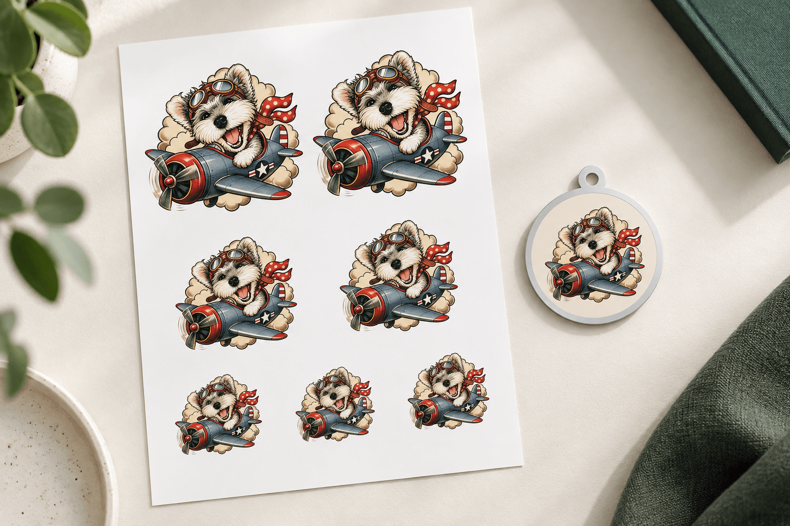 Pet gift design concept with matching illustrated pilot-dog artwork on a sheet and a round tag against a cream background.
