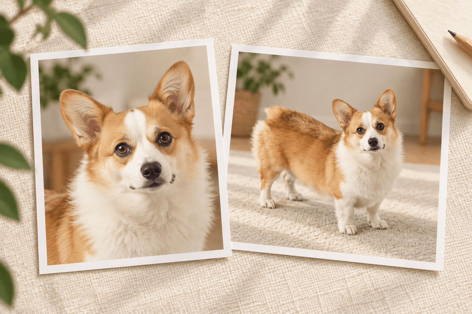 Close-up and full-body photographs of a tan-and-white corgi displayed side by side on cream linen.