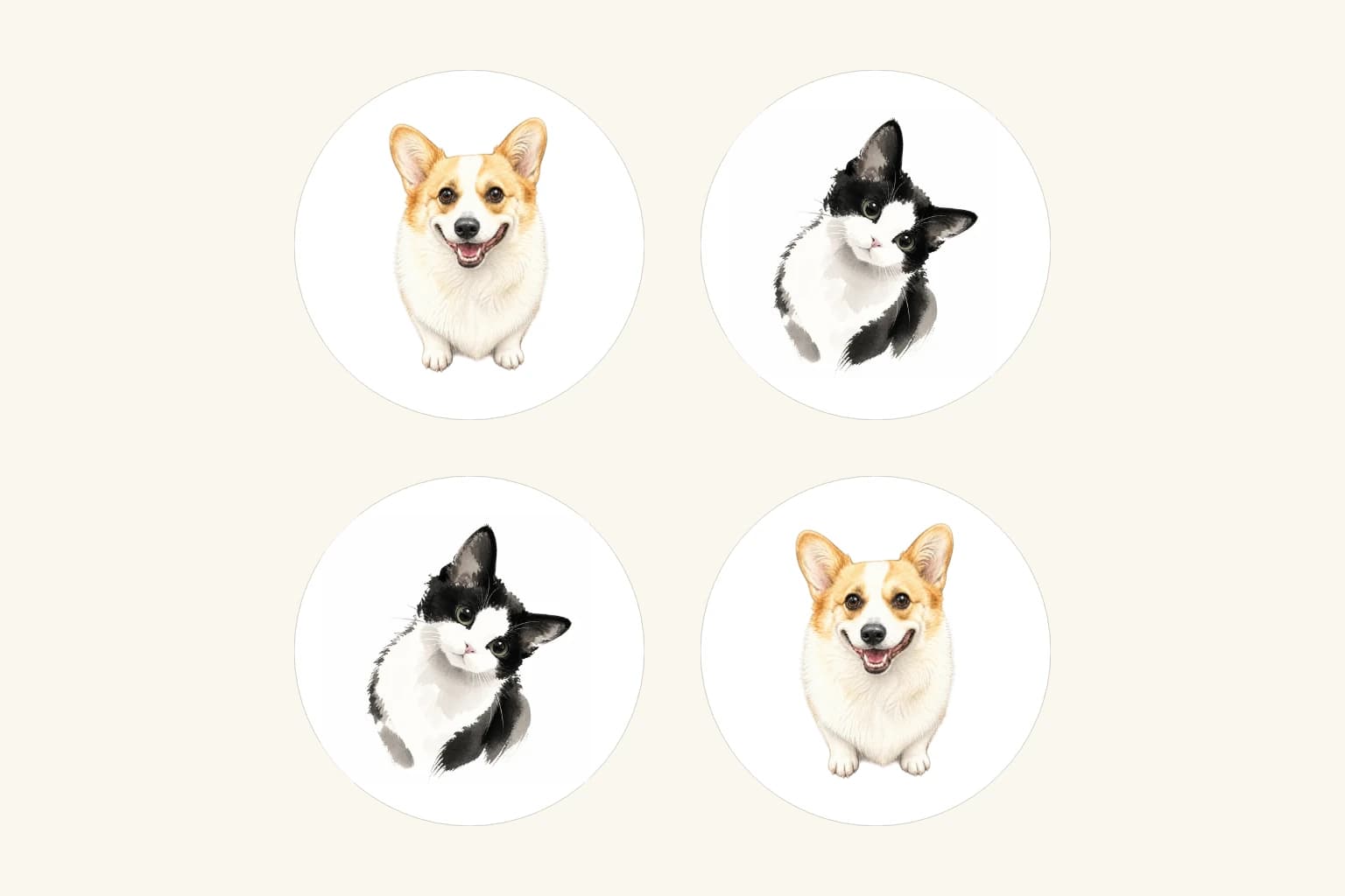 Four white round coaster layouts with alternating corgi and black-and-white cat portraits at similar visual sizes