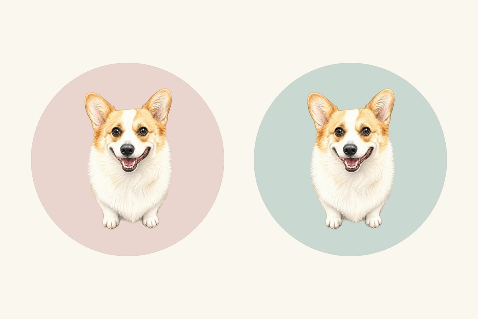 The same corgi portrait in two round coaster design previews, with a dusty pink background on the left and a pale sage background on the right.