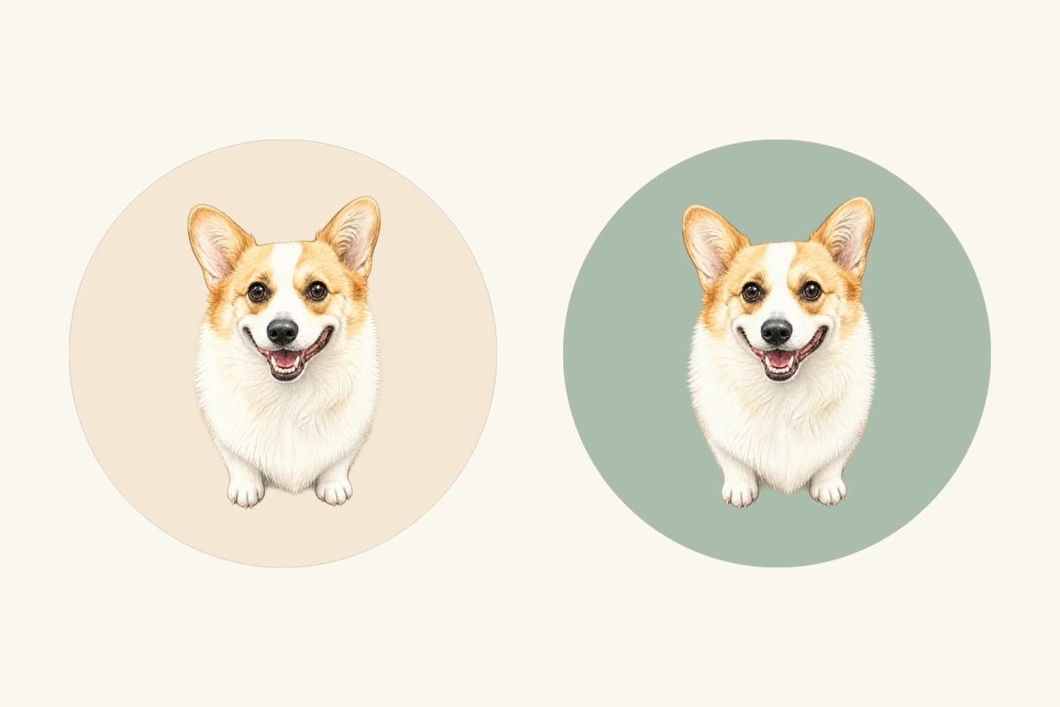 The same tan-and-white corgi illustration centered in two round coaster layouts, with a cream background on the left and muted green on the right.