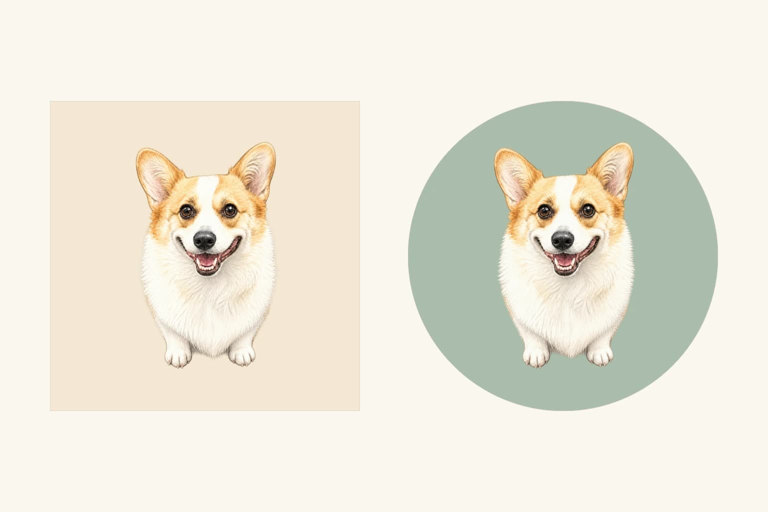 The same prepared corgi portrait in a cream square magnet layout on the left and a muted green round coaster layout on the right.