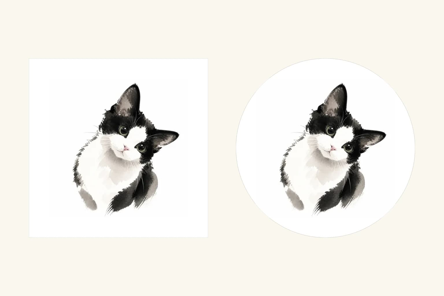 The same Eastern Ink black-and-white cat portrait in a white square magnet layout on the left and a white round coaster layout on the right.