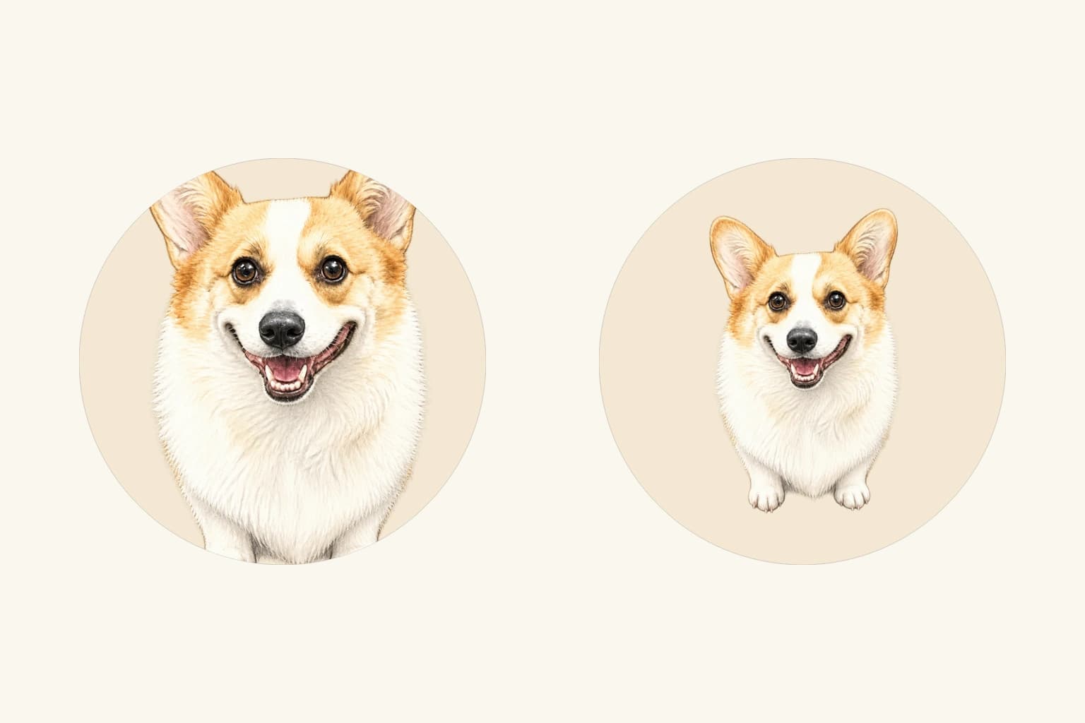 Two round corgi magnet layouts, with the enlarged portrait cropped on the left and more space around the smaller portrait on the right
