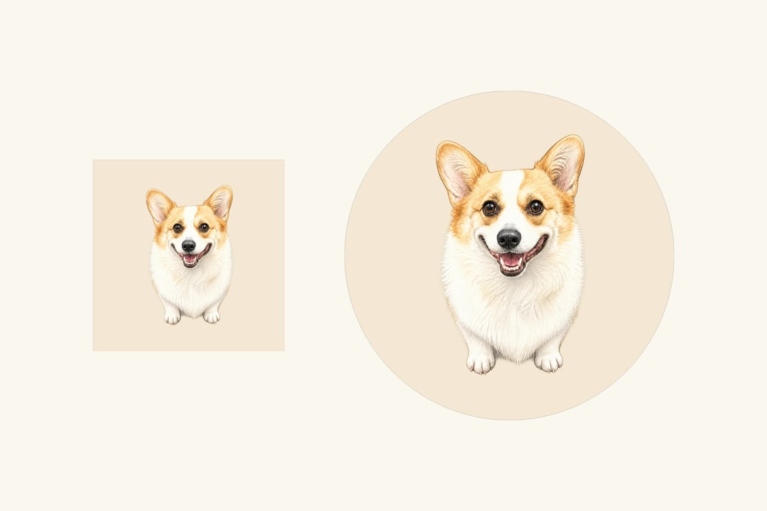The same illustrated corgi on a smaller square pet magnet layout and a larger round pet coaster layout