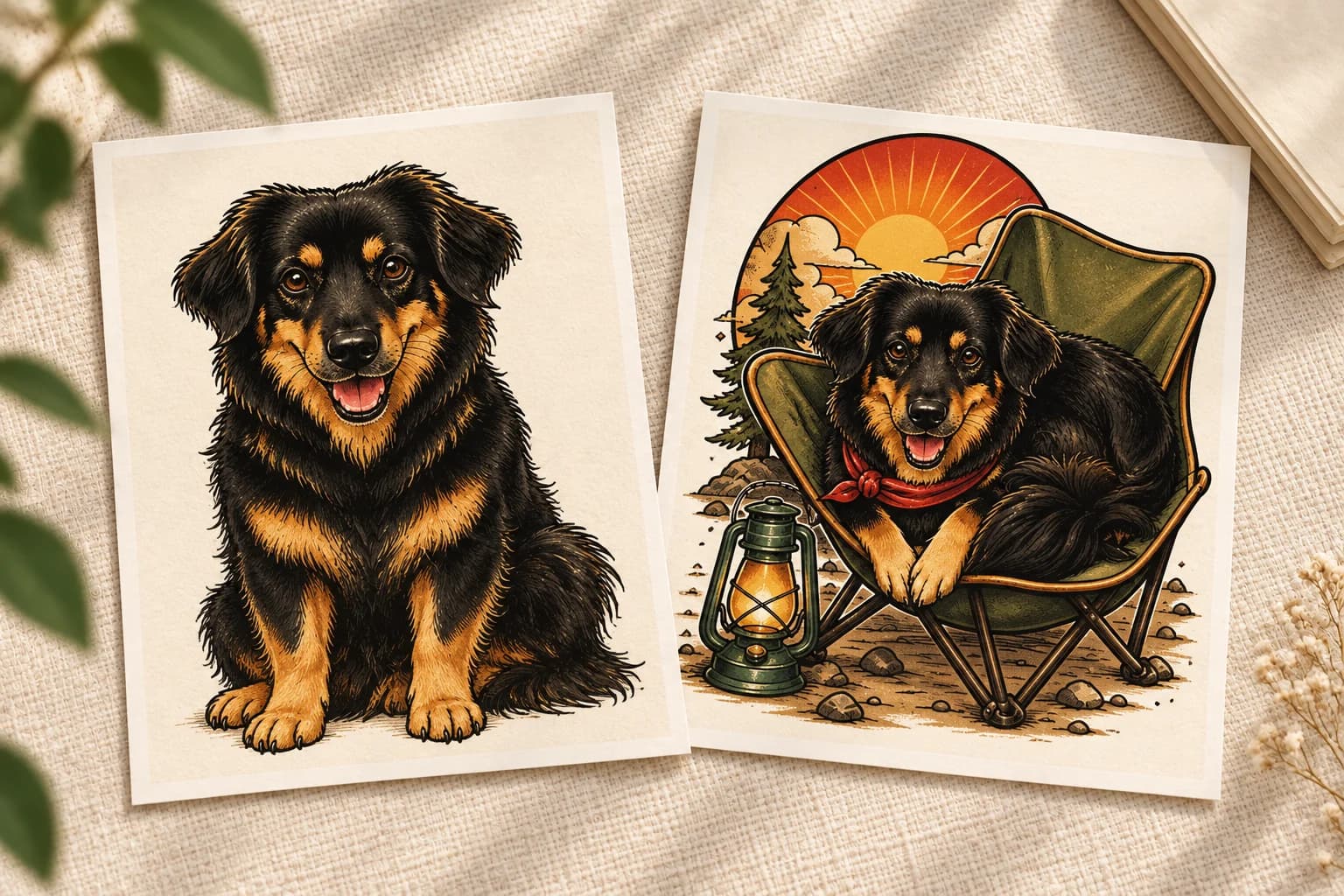 Two illustrated cards of a black-and-tan dog, one as a simple portrait and one in a warm camping scene.