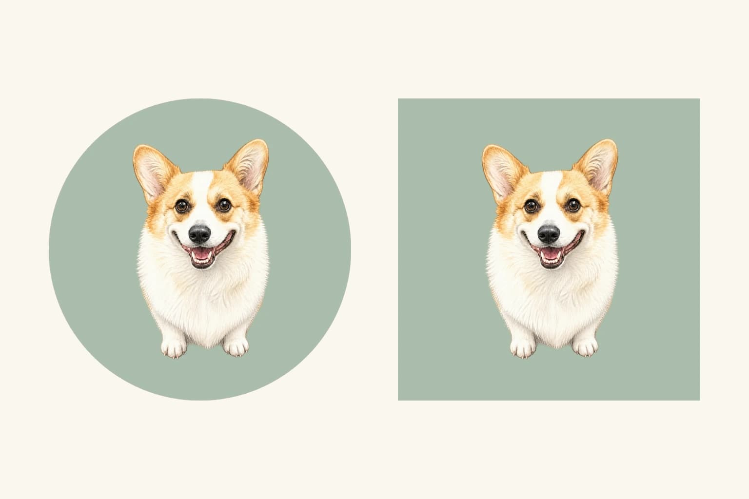 The same tan-and-white corgi illustration on muted green, in a round magnet layout on the left and a square layout on the right.