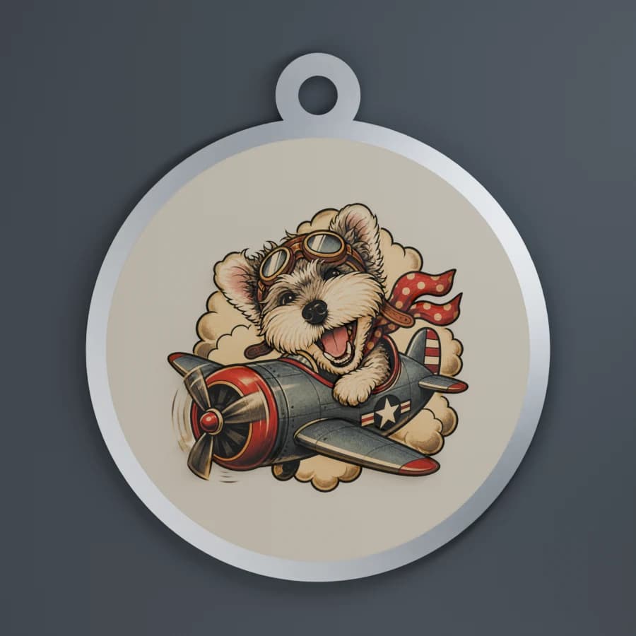 3D design example of a silver circular pet tag with a raised illustrated dog