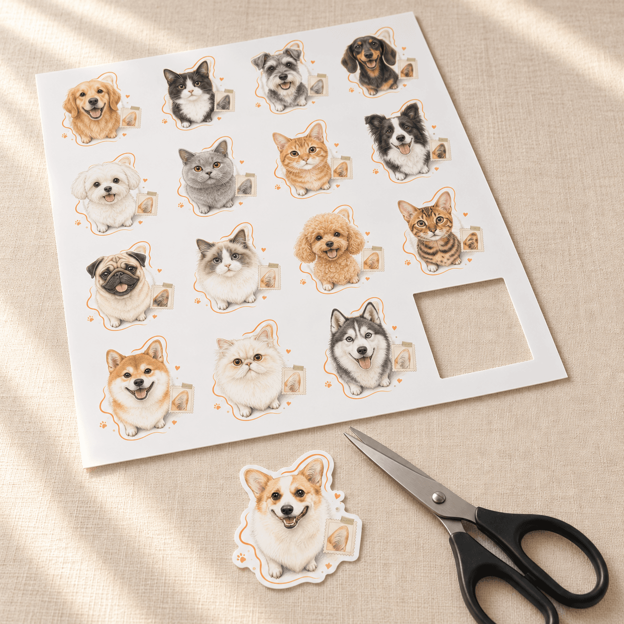 An A4 temporary tattoo sheet with different pet portraits, a cut-out corgi design and scissors on cream linen