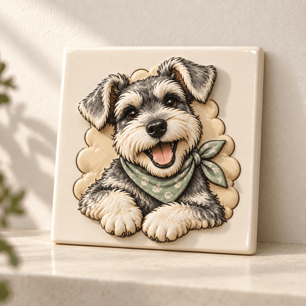 A square cream ceramic tile with a raised schnauzer relief portrait on a shelf