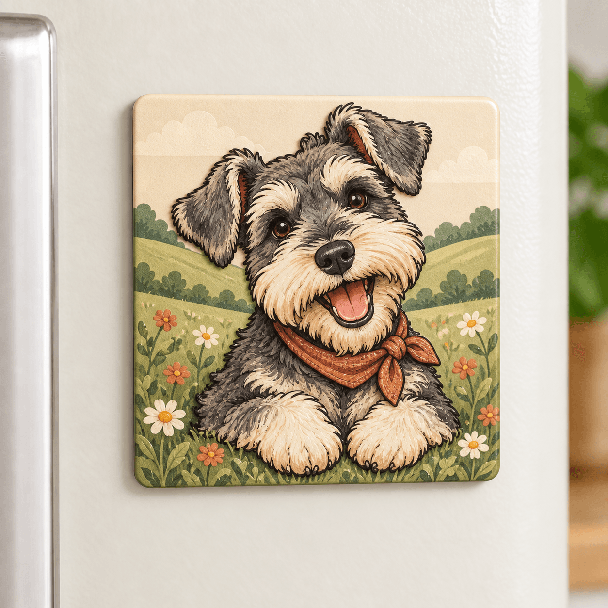 A square fridge magnet with a schnauzer portrait, illustrated background and raised UV print