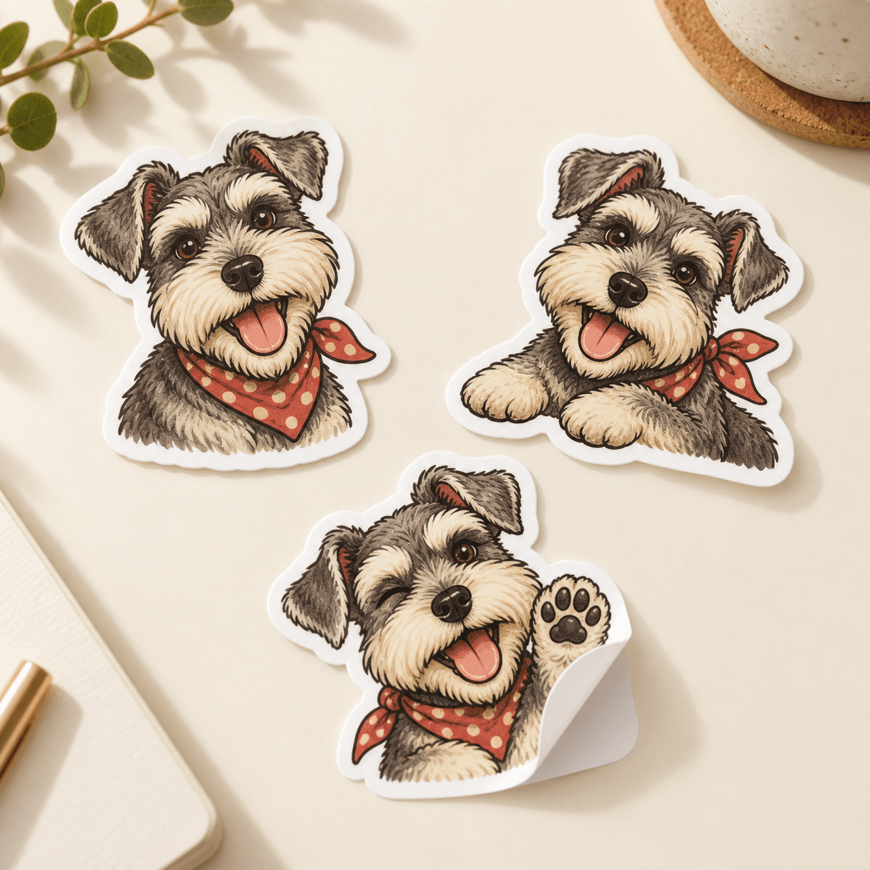 White-bordered schnauzer stickers on a cream desk, with one backing corner peeled