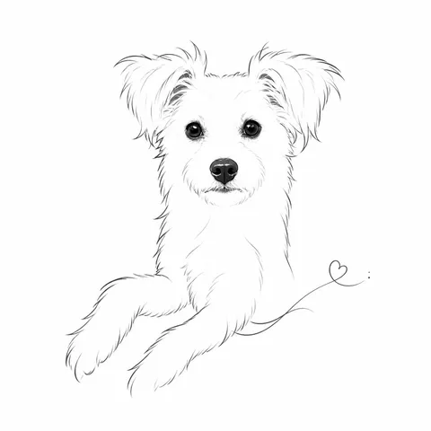 Minimal Line artwork of Mini, a small dog with lightly drawn ears and fur and dark eyes and nose.