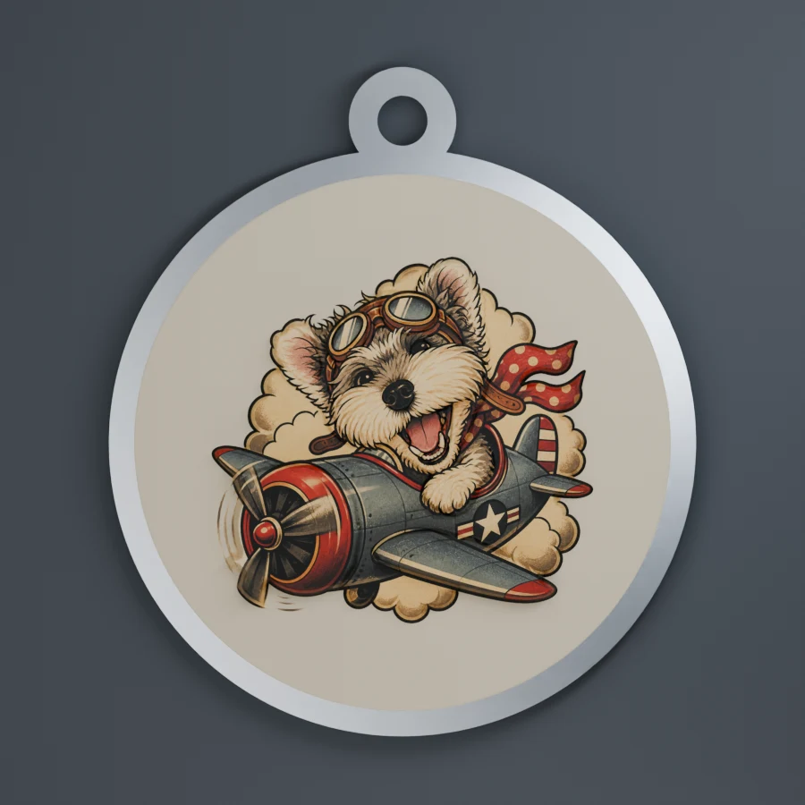 3D design example of a silver circular pet tag with a raised illustrated dog