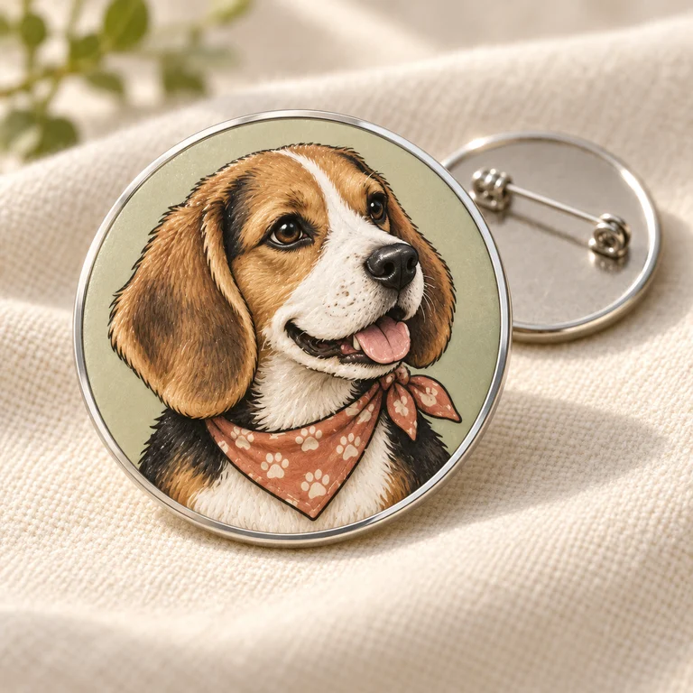 A round silver metal pin badge with a colorful beagle portrait in shallow UV relief and an exposed silver rim