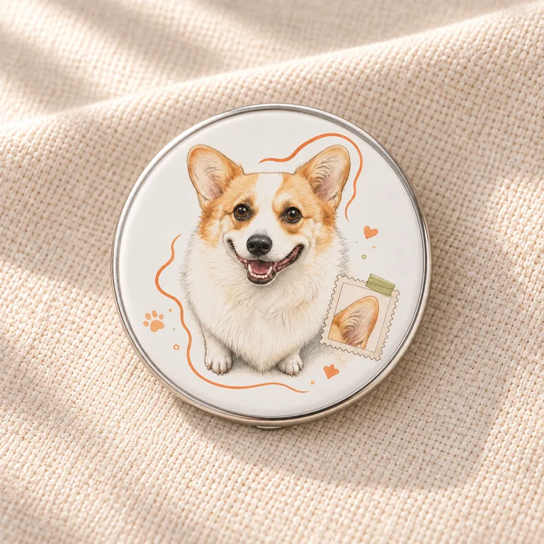 Design mockup of a silver-rimmed round badge with the original illustrated corgi artwork on warm cream linen