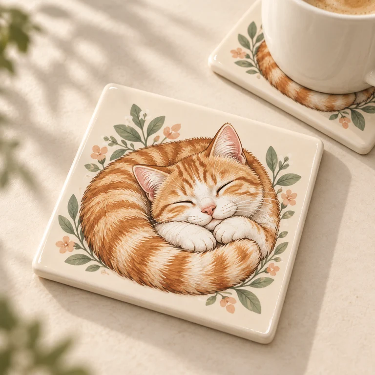 Square ceramic coasters with flat printed orange tabby cat artwork on a cream tabletop, one holding a cup