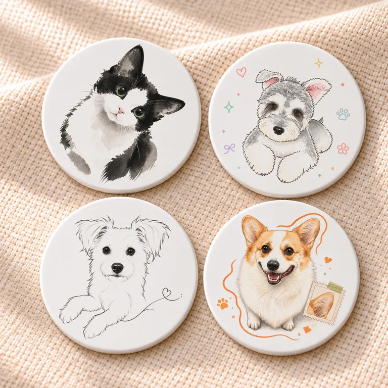 Design mockup of four round ceramic coasters featuring the original Eastern Ink cat, Chibi Color Cartoon schnauzer, Minimal Line white dog and Color Semi-realistic corgi artworks on warm cream linen