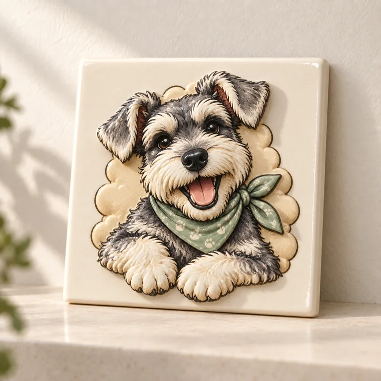 A square cream ceramic tile with a raised schnauzer relief portrait on a shelf