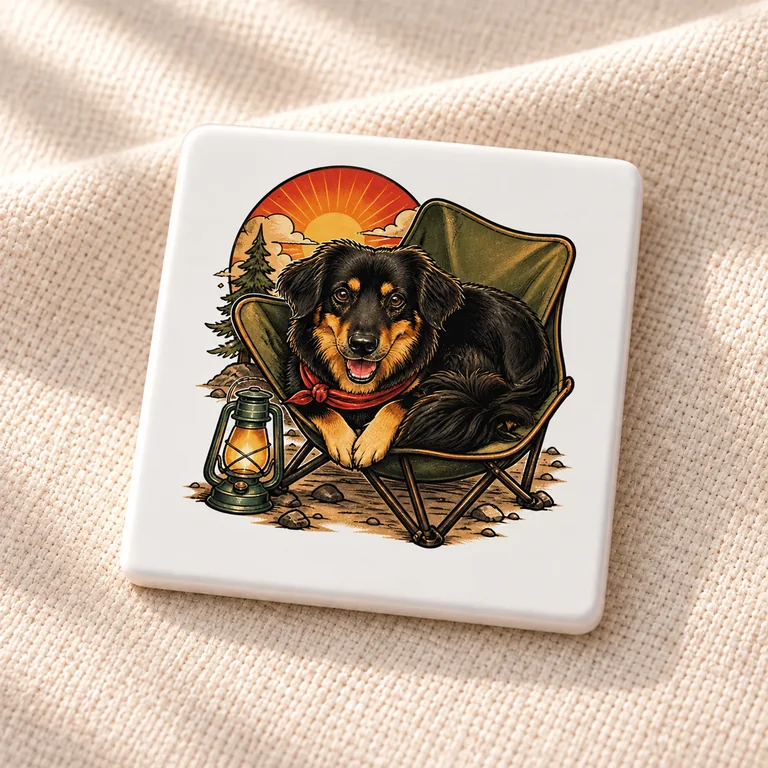 Design mockup of a square white ceramic tile with the original American Retro Narrative camping artwork of a black-and-tan long-haired dog on warm cream linen