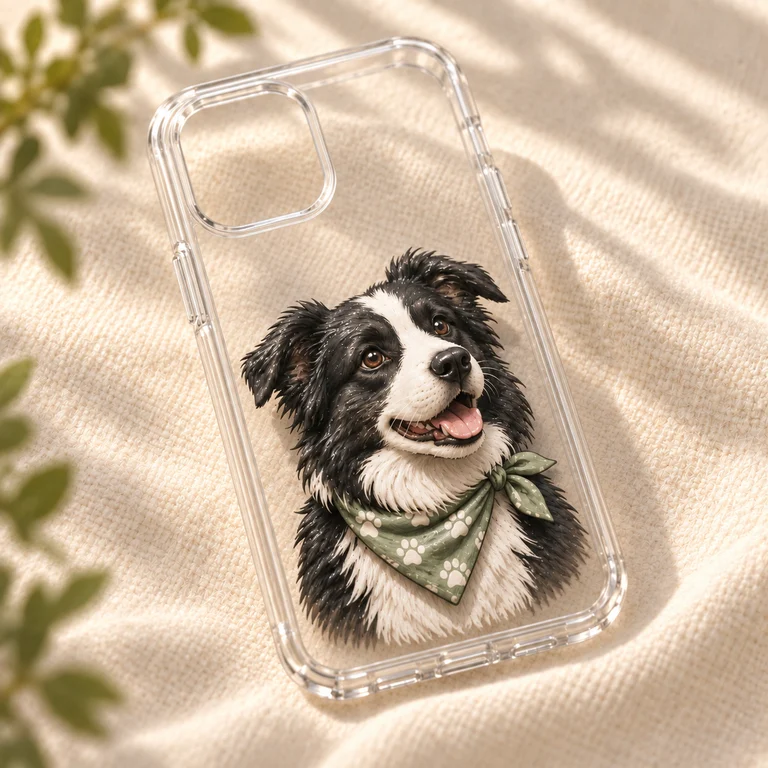 A transparent phone case on cream linen with a black-and-white border collie illustration in dimensional UV relief, clear edges and an open camera cutout