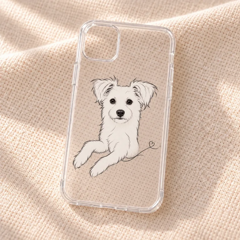 Design mockup of a transparent phone case with the original Minimal Line white dog artwork on warm cream linen