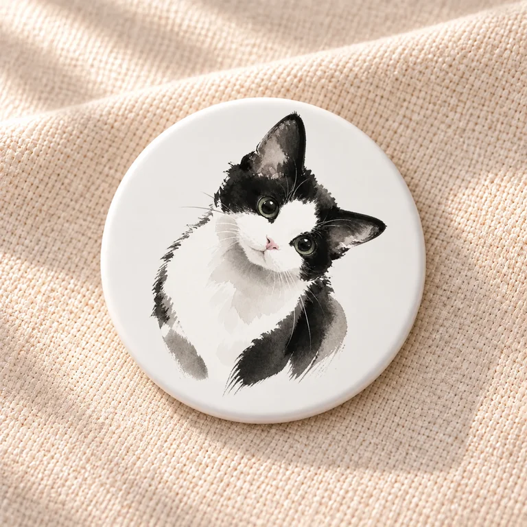 Design mockup of a round white ceramic magnet with a bevelled edge and the original Eastern Ink black-and-white cat artwork on warm cream linen
