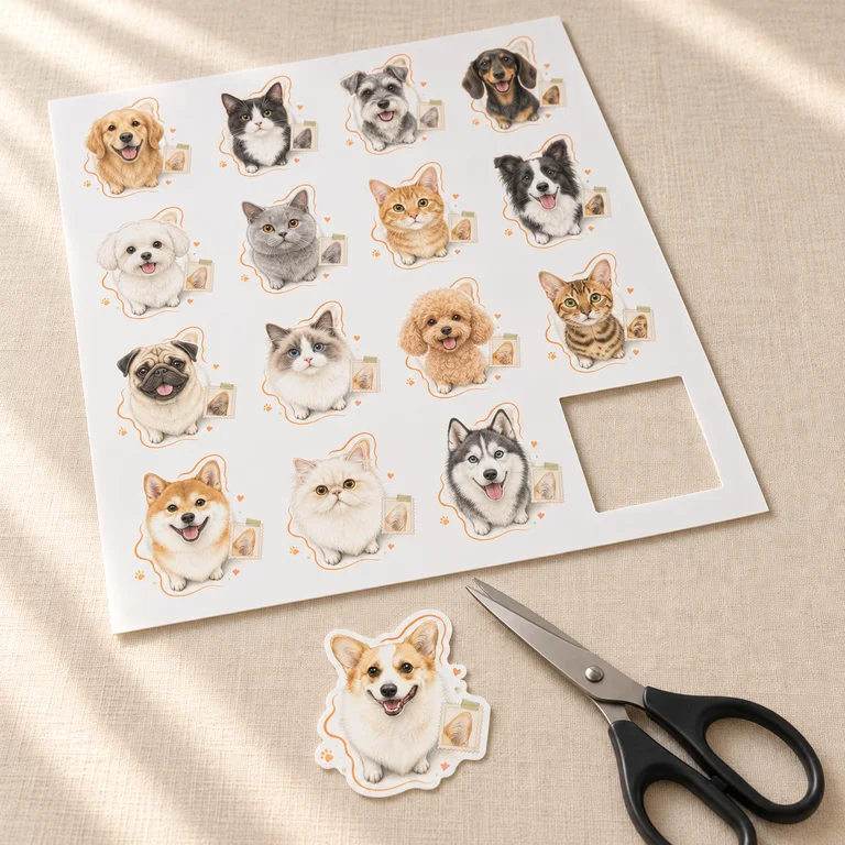An A4 temporary tattoo sheet with different pet portraits, a cut-out corgi design and scissors on cream linen